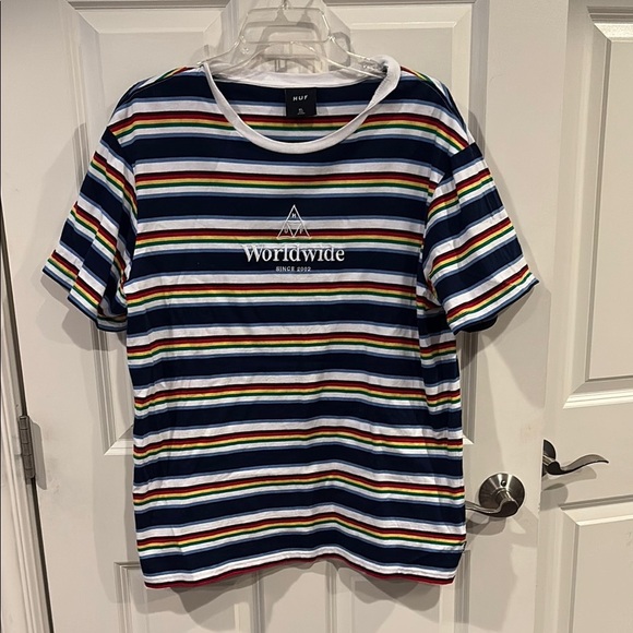 XL Huf worldwide Striped T-Shirt 100% cotton - Picture 1 of 4